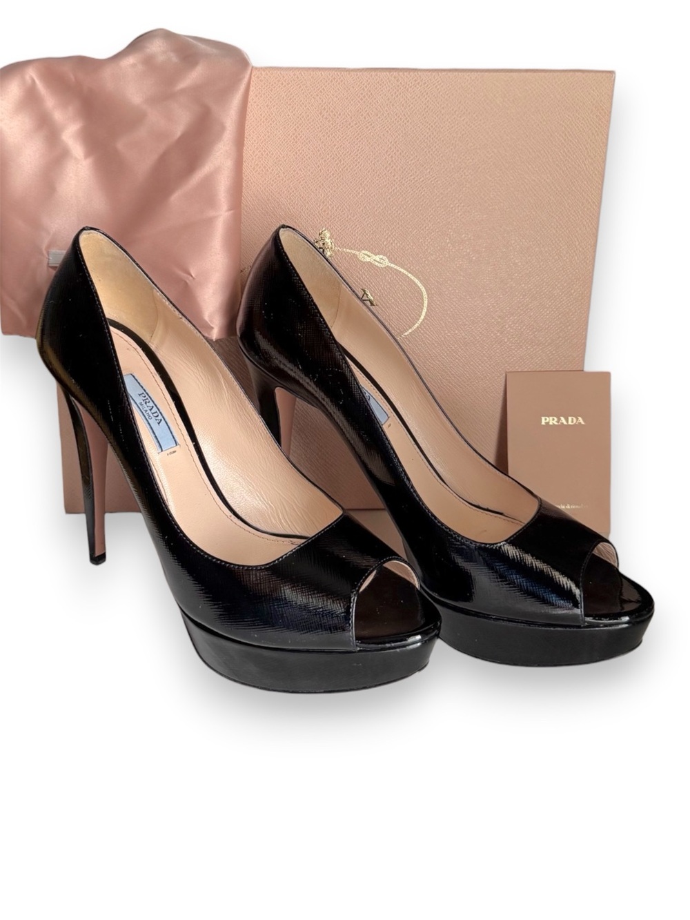 PRADA Vernice Saffiano Peep-Toe Pumps Size 39.5